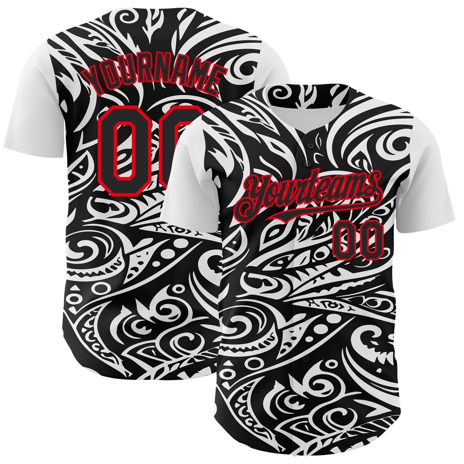 Custom Black White-Fire Red 3D Polynesian Style Islander Authentic Baseball Jersey - Main View