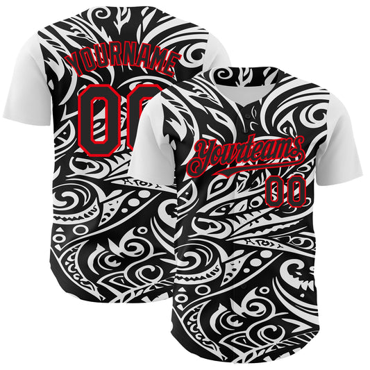 Custom Black White-Fire Red 3D Polynesian Style Islander Authentic Baseball Jersey - Main View