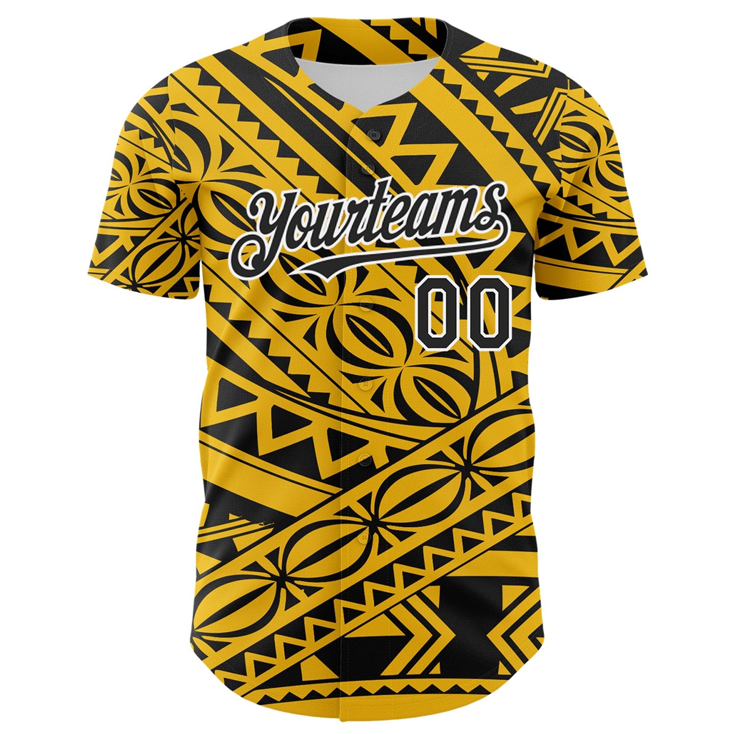 Custom Yellow Black-White 3D Polynesian Style Islander Authentic Baseball Jersey view 2