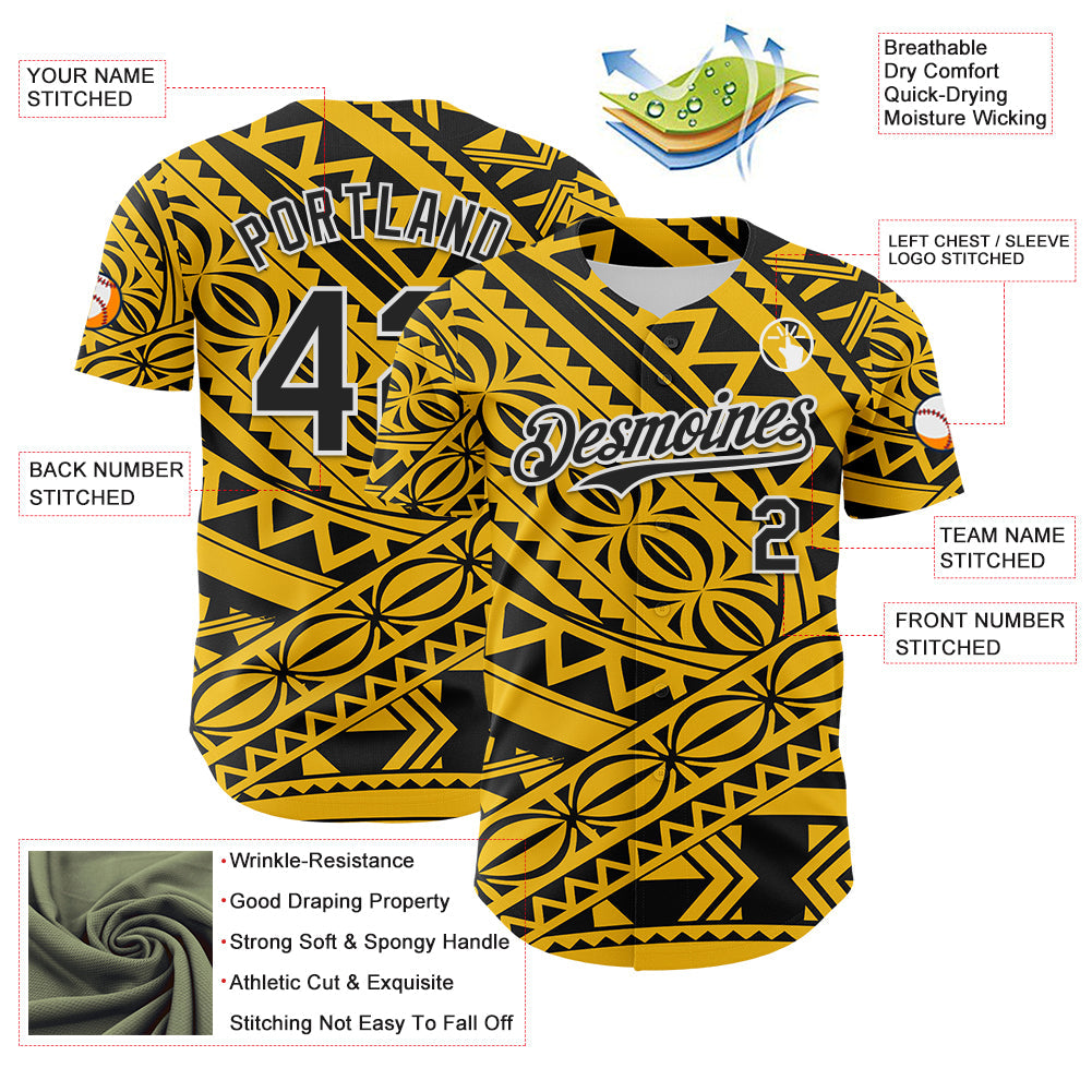 Custom Yellow Black-White 3D Polynesian Style Islander Authentic Baseball Jersey view 3
