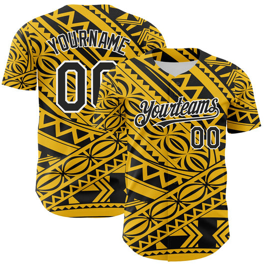 Custom Yellow Black-White 3D Polynesian Style Islander Authentic Baseball Jersey - Main View