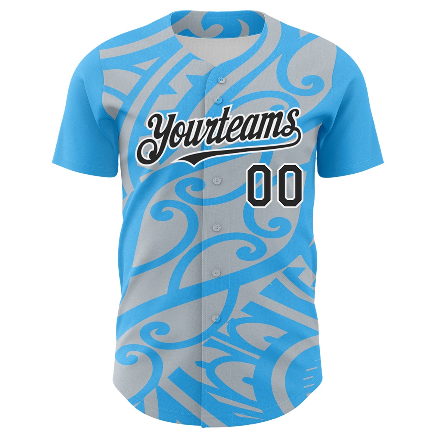 Custom Sky Blue Black Silver-White 3D Polynesian Style Islander Authentic Baseball Jersey view 2