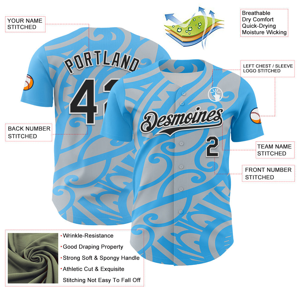Custom Sky Blue Black Silver-White 3D Polynesian Style Islander Authentic Baseball Jersey view 3