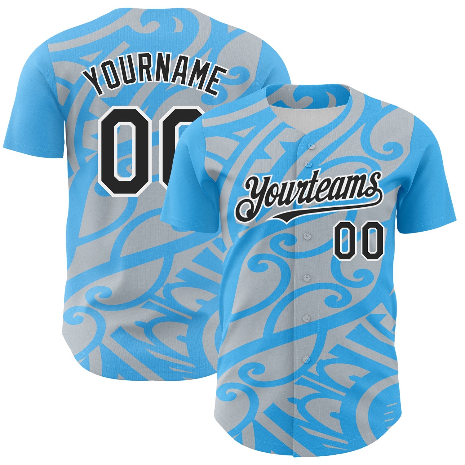 Custom Sky Blue Black Silver-White 3D Polynesian Style Islander Authentic Baseball Jersey - Main View