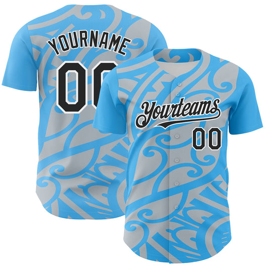 Custom Sky Blue Black Silver-White 3D Polynesian Style Islander Authentic Baseball Jersey - Main View