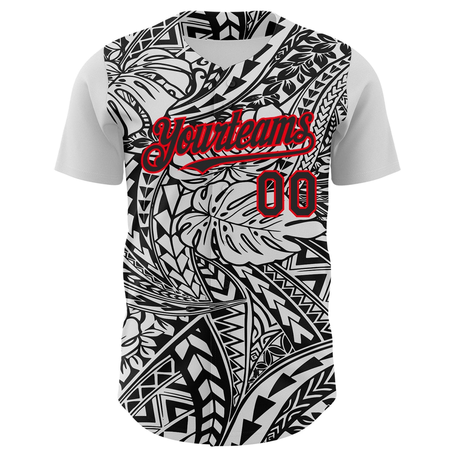 Custom Black White-Fire Red 3D Polynesian Style Islander Authentic Baseball Jersey view 2