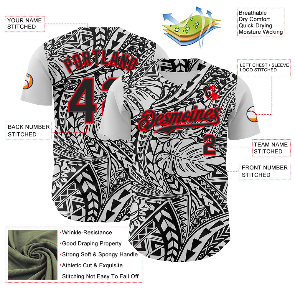 Custom Black White-Fire Red 3D Polynesian Style Islander Authentic Baseball Jersey view 3