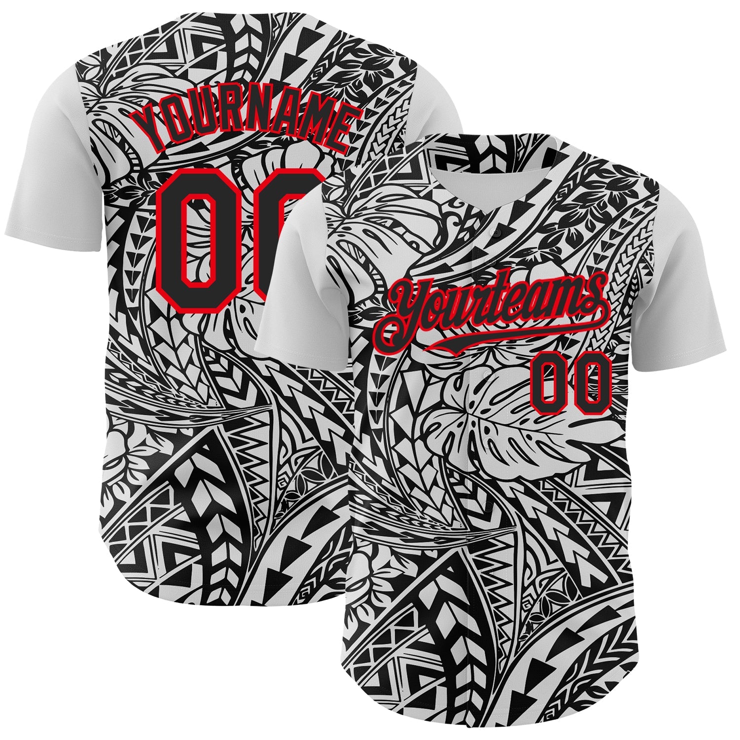 Custom Black White-Fire Red 3D Polynesian Style Islander Authentic Baseball Jersey - Main View