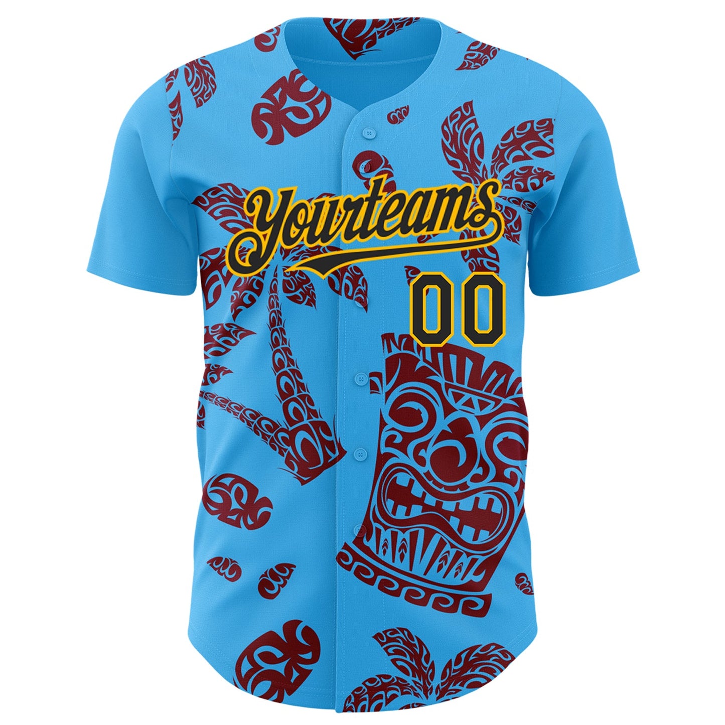 Custom Sky Blue Black Crimson-Gold 3D Polynesian Style Tiki Culture Islander Authentic Baseball Jersey view 2