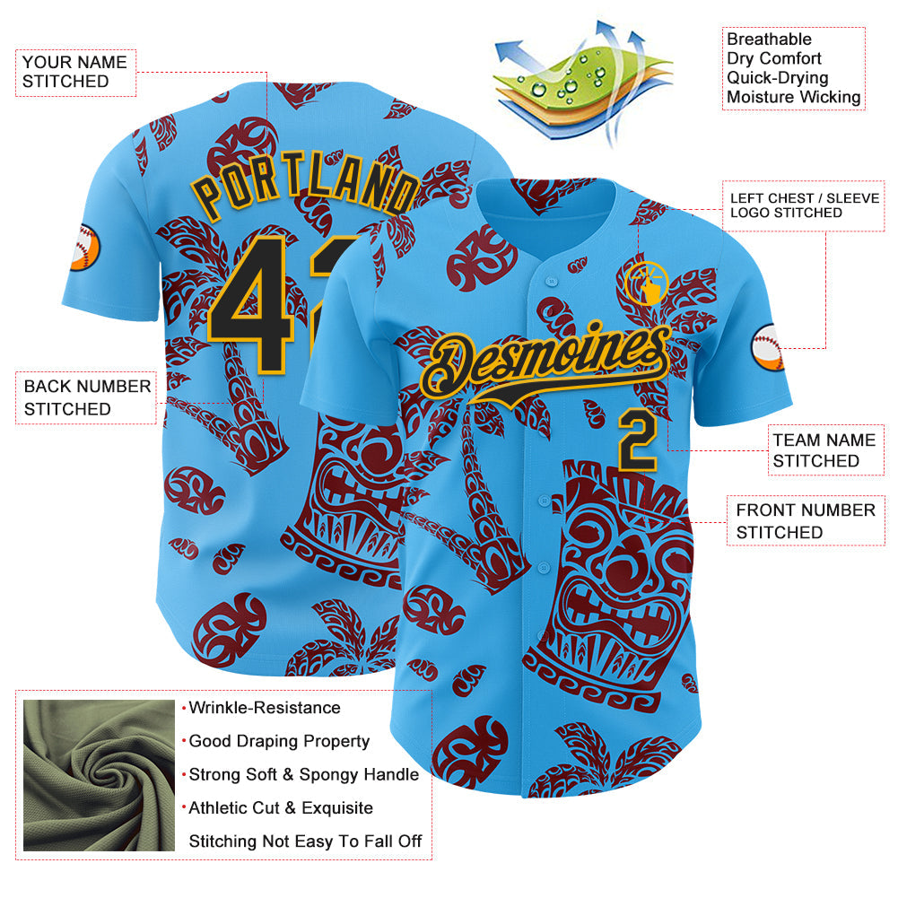 Custom Sky Blue Black Crimson-Gold 3D Polynesian Style Tiki Culture Islander Authentic Baseball Jersey view 3