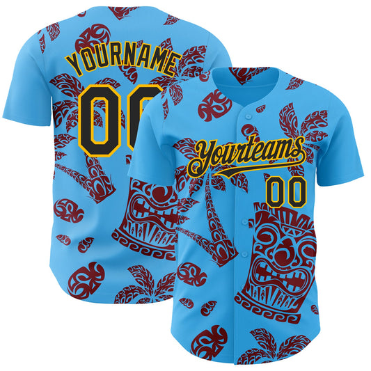 Custom Sky Blue Black Crimson-Gold 3D Polynesian Style Tiki Culture Islander Authentic Baseball Jersey - Main View