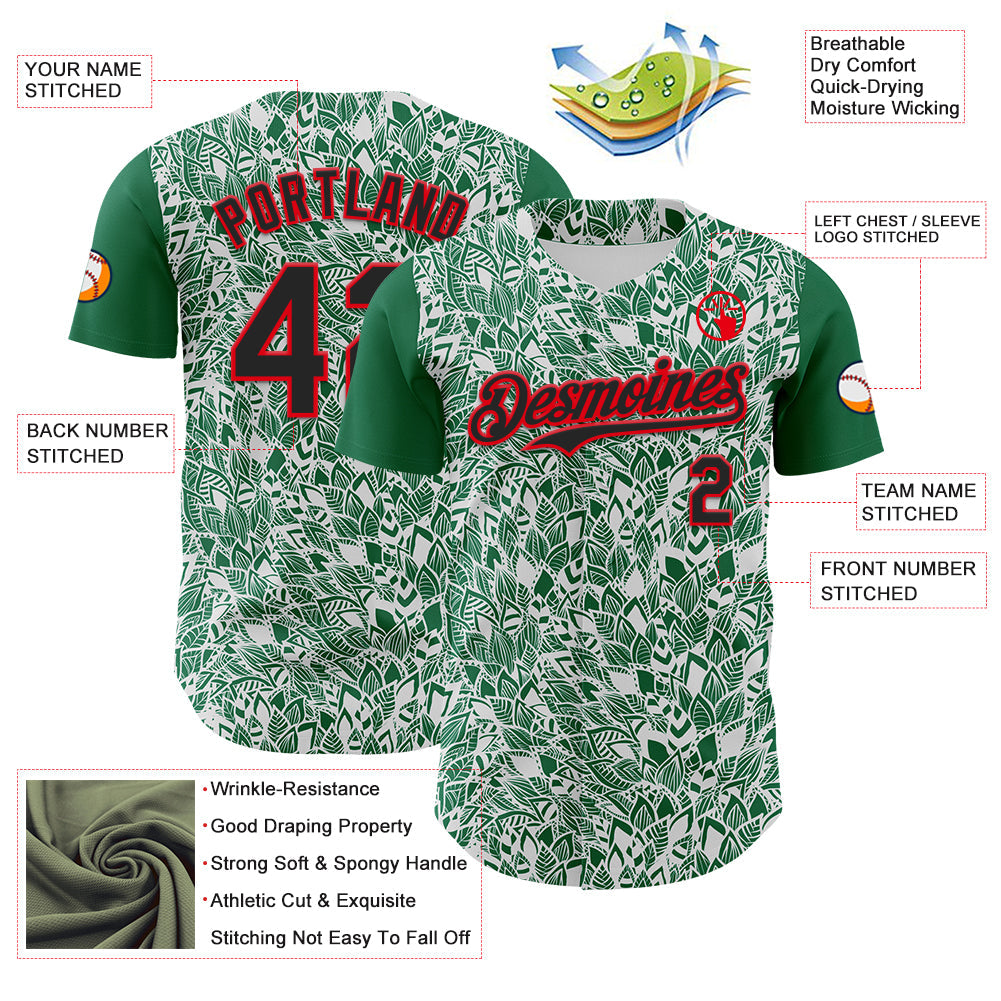 Custom White Black Kelly Green-Fire Red 3D Polynesian Style Islander Authentic Baseball Jersey view 3