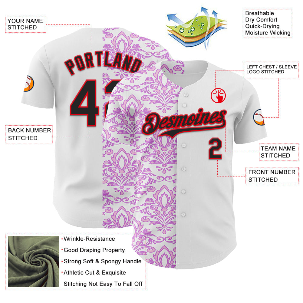 Custom White Black Purple-Fire Red 3D Polynesian Style Islander Authentic Baseball Jersey view 3