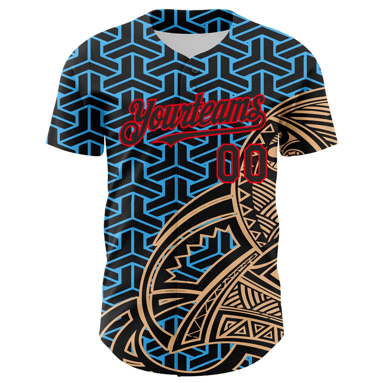 Custom Black Sky Blue Old Gold-Fire Red 3D Polynesian Style Islander Authentic Baseball Jersey view 2