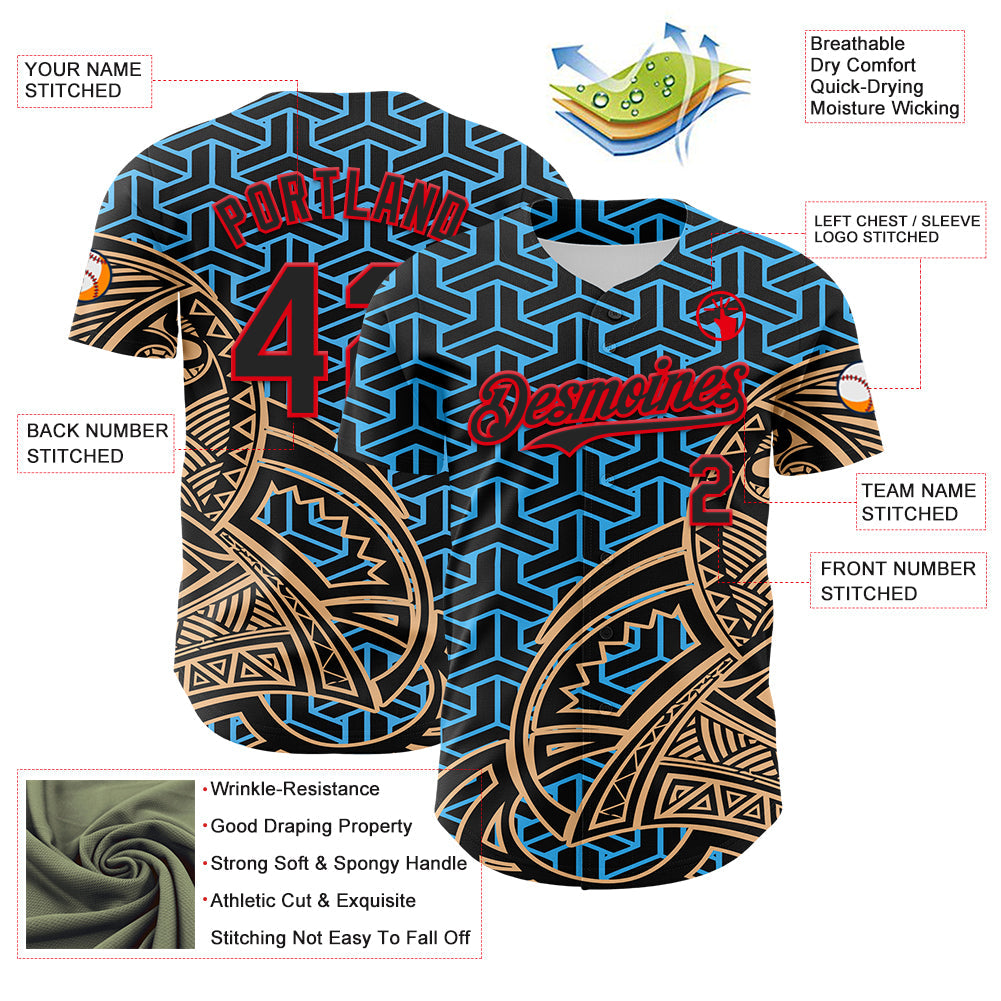 Custom Black Sky Blue Old Gold-Fire Red 3D Polynesian Style Islander Authentic Baseball Jersey view 3