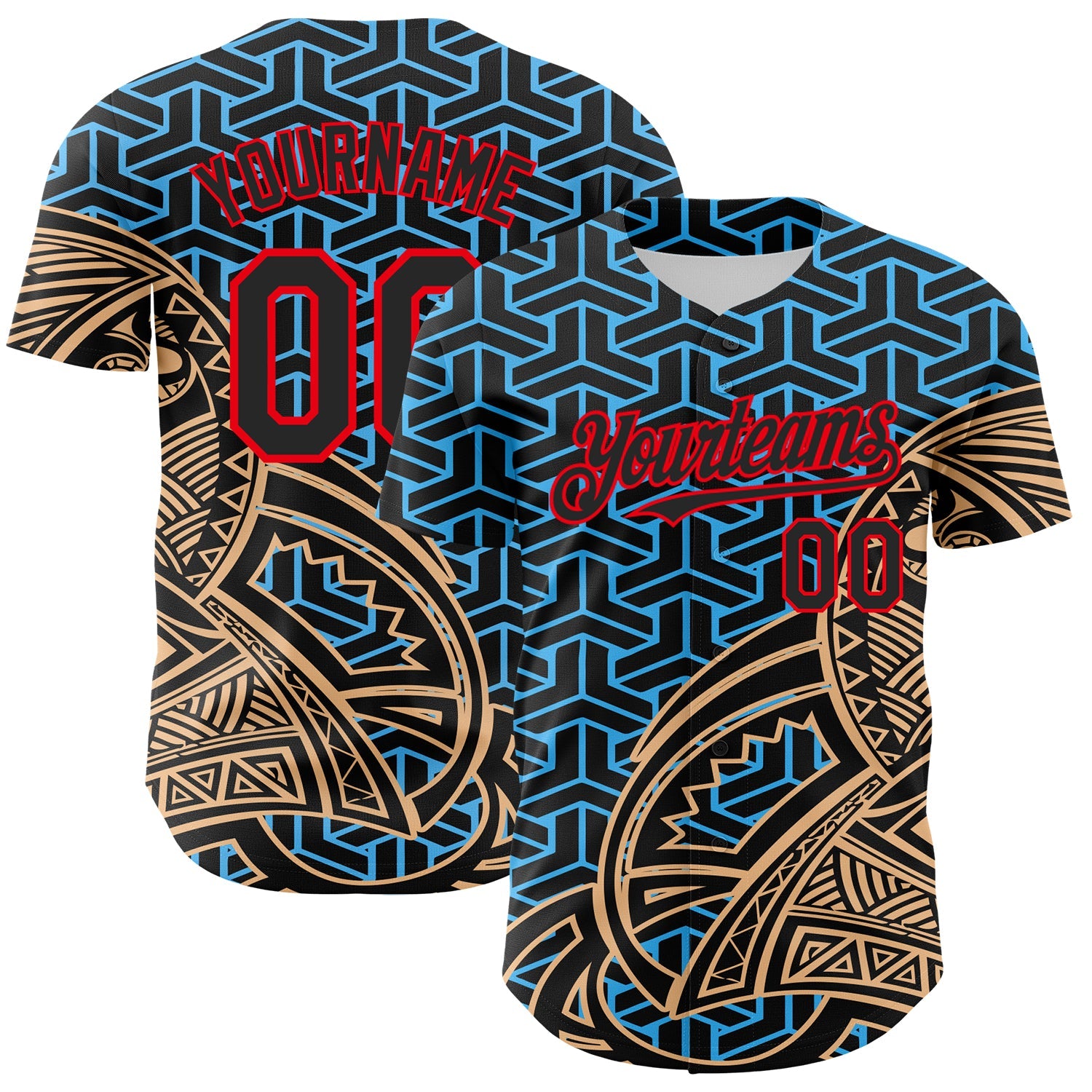 Custom Black Sky Blue Old Gold-Fire Red 3D Polynesian Style Islander Authentic Baseball Jersey - Main View