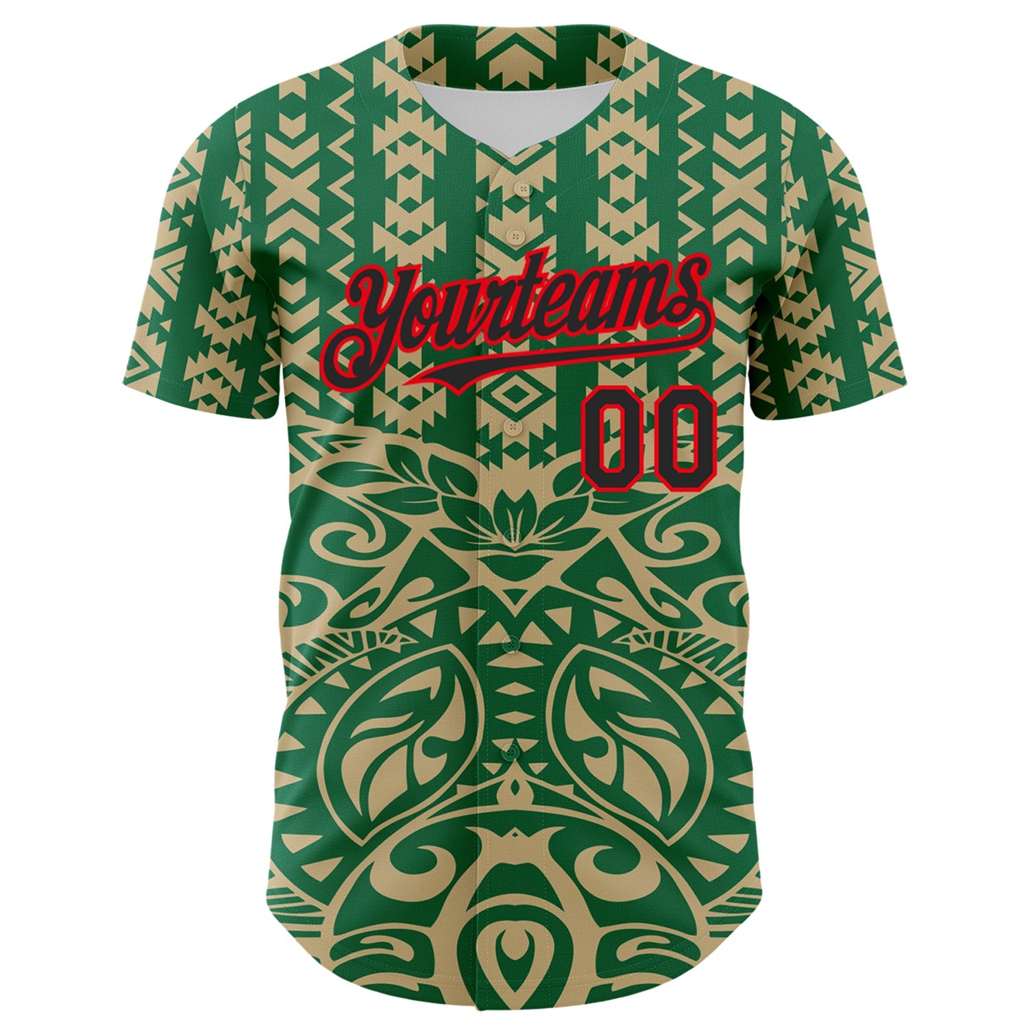 Custom Kelly Green Black Vegas Gold-Fire Red 3D Polynesian Style Islander Authentic Baseball Jersey view 2