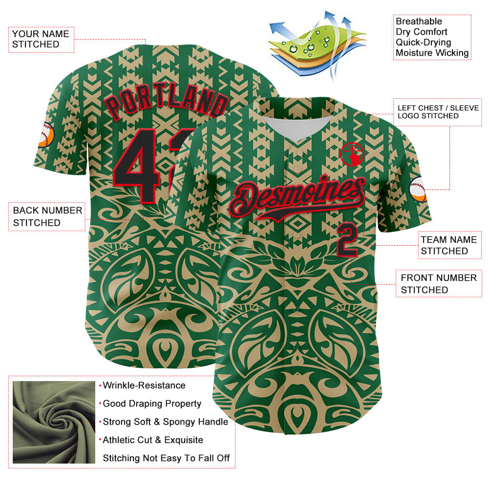 Custom Kelly Green Black Vegas Gold-Fire Red 3D Polynesian Style Islander Authentic Baseball Jersey view 3