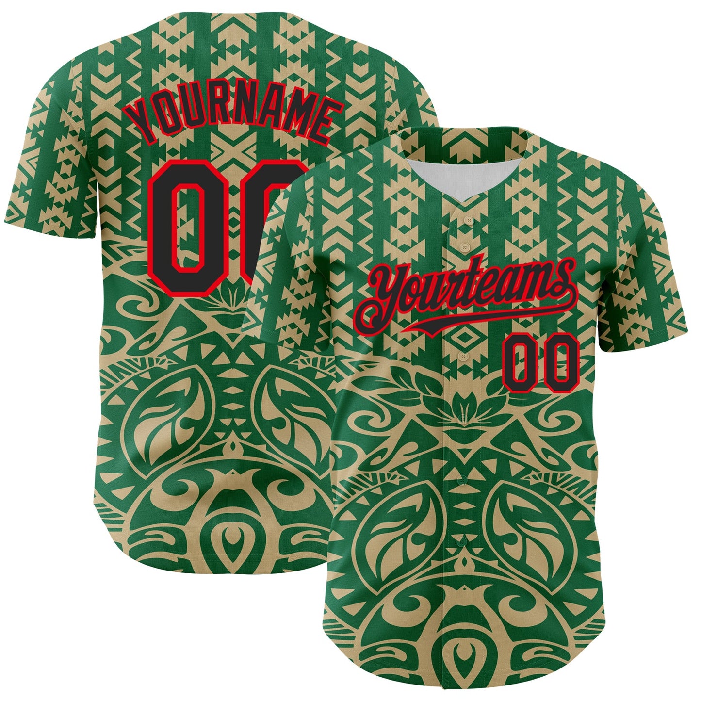 Custom Kelly Green Black Vegas Gold-Fire Red 3D Polynesian Style Islander Authentic Baseball Jersey - Main View