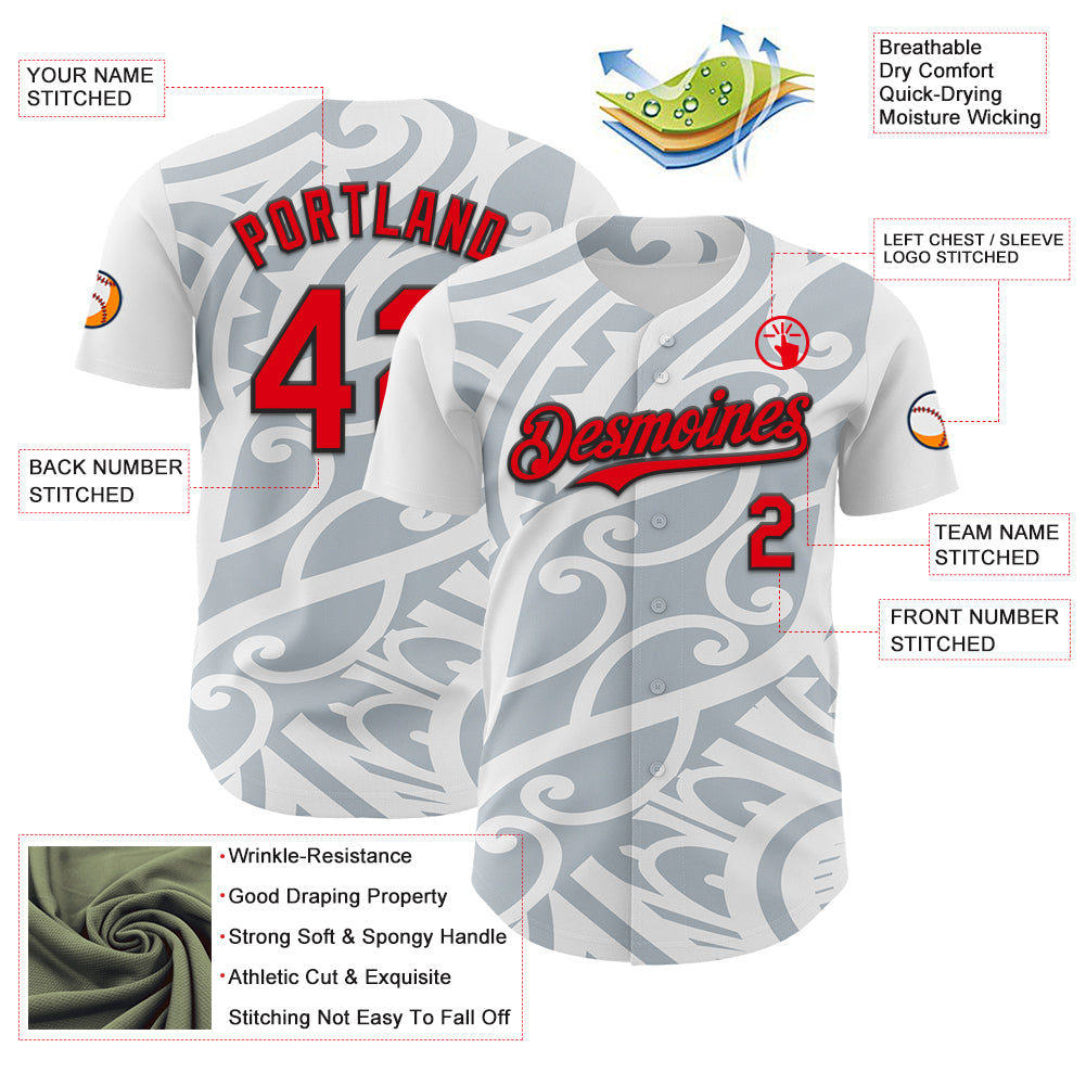 Custom White Fire Red Silver-Black 3D Polynesian Style Islander Authentic Baseball Jersey view 3