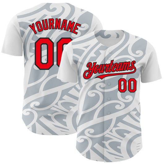 Custom White Fire Red Silver-Black 3D Polynesian Style Islander Authentic Baseball Jersey - Main View