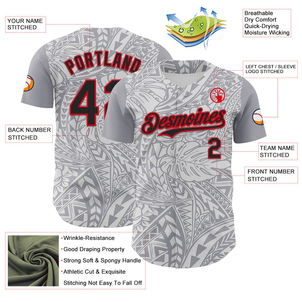 Custom Gray Black White-Fire Red 3D Polynesian Style Palm Leaves Islander Authentic Baseball Jersey view 3
