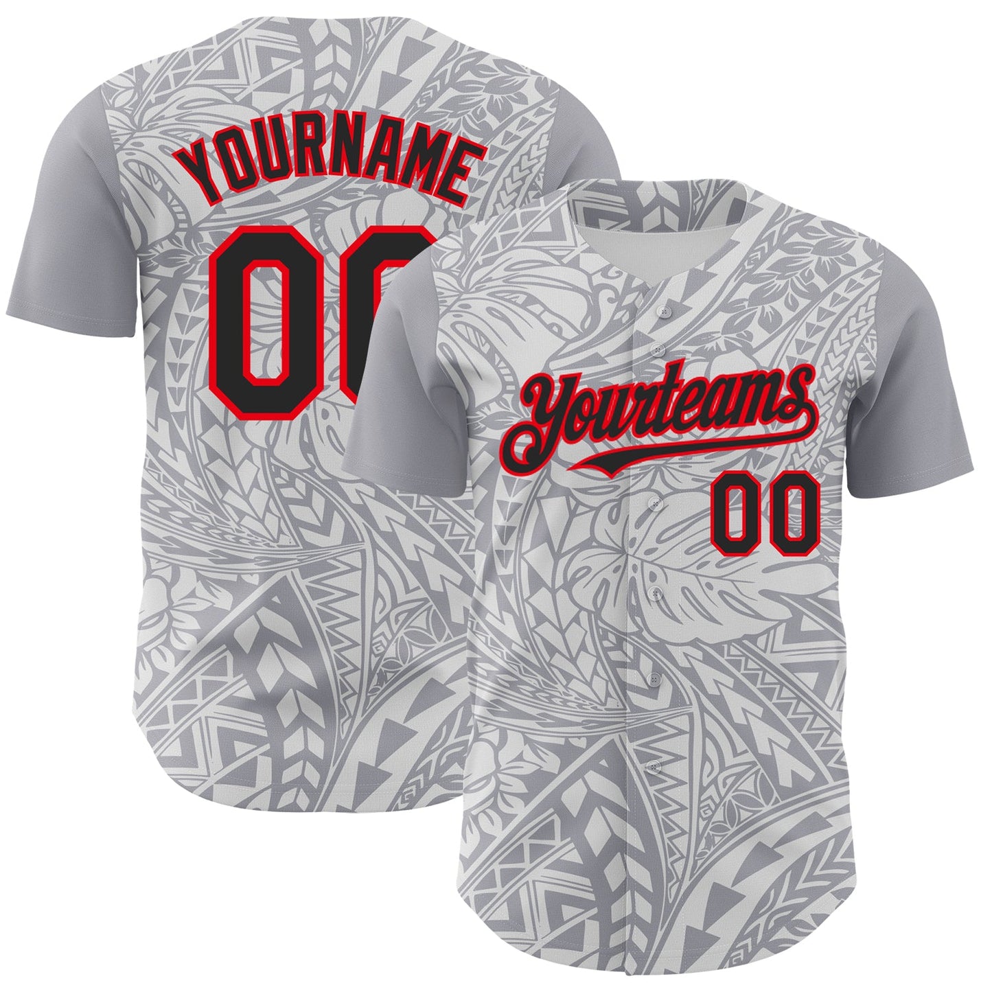 Custom Gray Black White-Fire Red 3D Polynesian Style Palm Leaves Islander Authentic Baseball Jersey - Main View