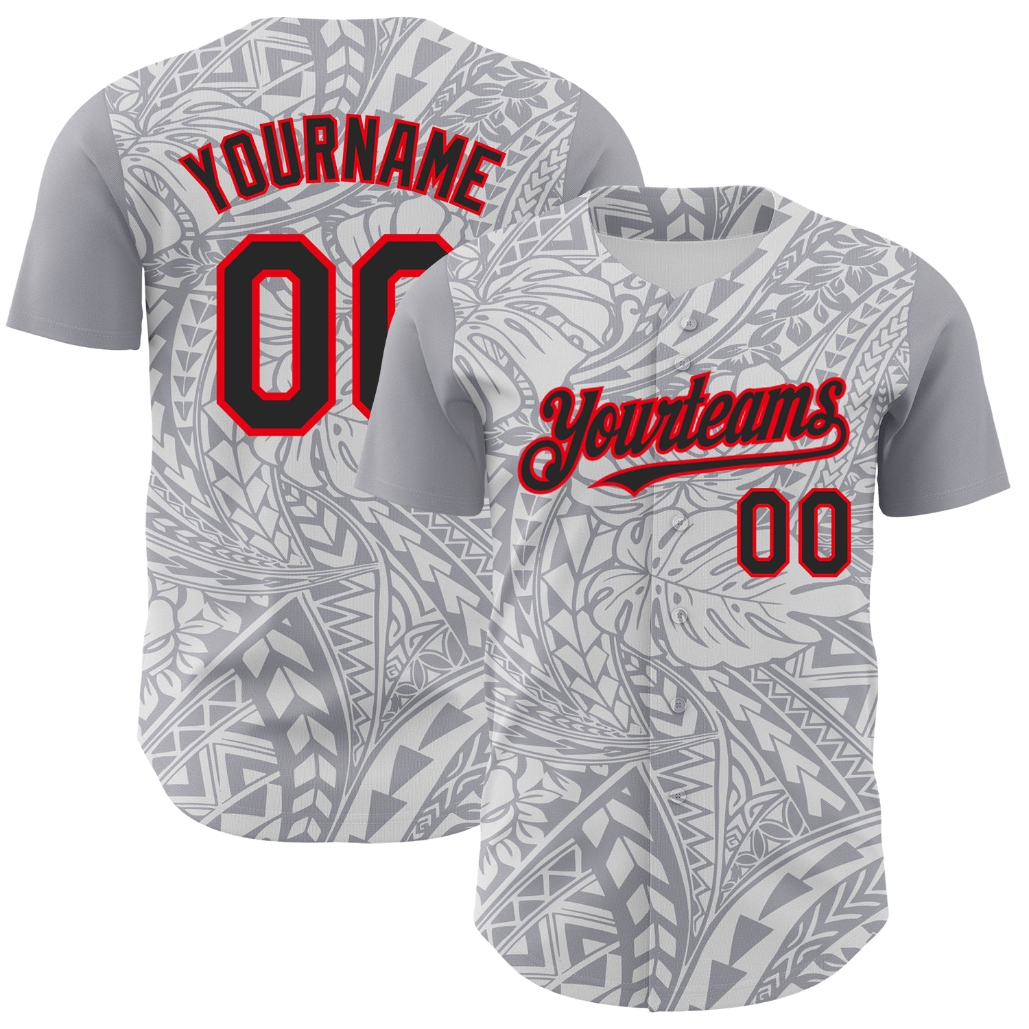 Custom Gray Black White-Fire Red 3D Polynesian Style Palm Leaves Islander Authentic Baseball Jersey - Main View