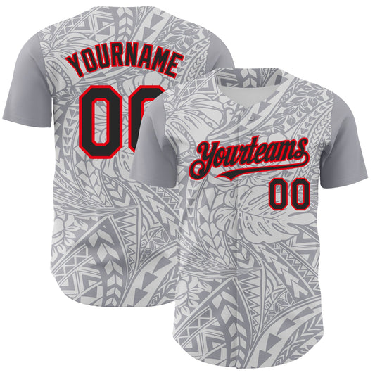 Custom Gray Black White-Fire Red 3D Polynesian Style Palm Leaves Islander Authentic Baseball Jersey - Main View