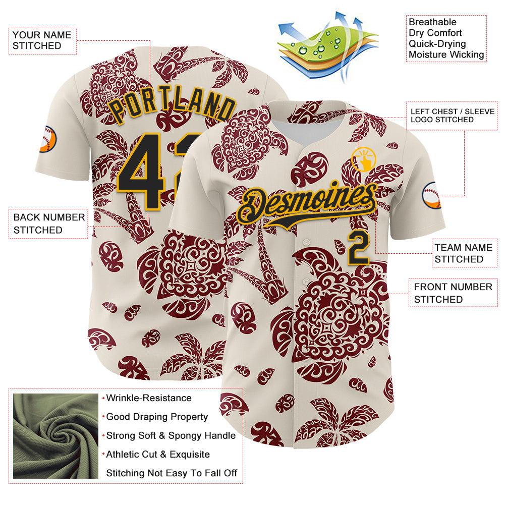 Custom Cream Black Crimson-Gold 3D Polynesian Style Palm Trees Islander Authentic Baseball Jersey view 3