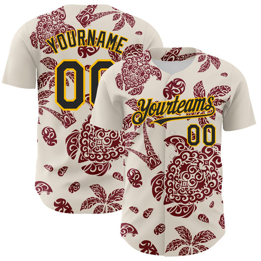 Custom Cream Black Crimson-Gold 3D Polynesian Style Palm Trees Islander Authentic Baseball Jersey - Main View