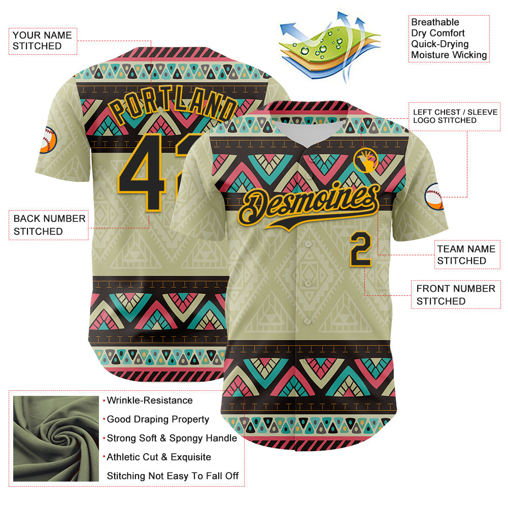 Custom Green Black-Gold 3D Polynesian Style Islander Authentic Baseball Jersey view 3