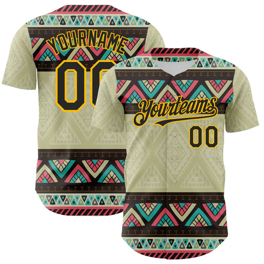 Custom Green Black-Gold 3D Polynesian Style Islander Authentic Baseball Jersey - Main View