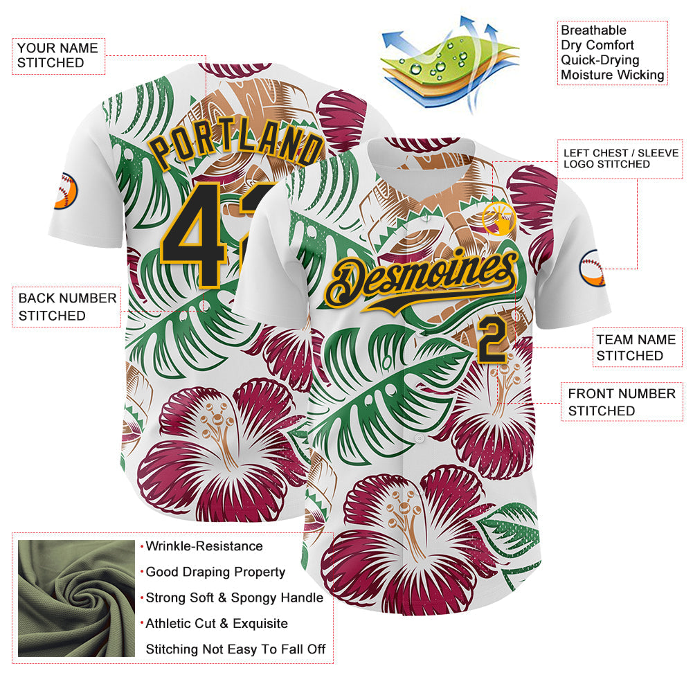 Custom White Black-Gold 3D Polynesian Style Tiki Culture Palm Leaves Islander Authentic Baseball Jersey view 3