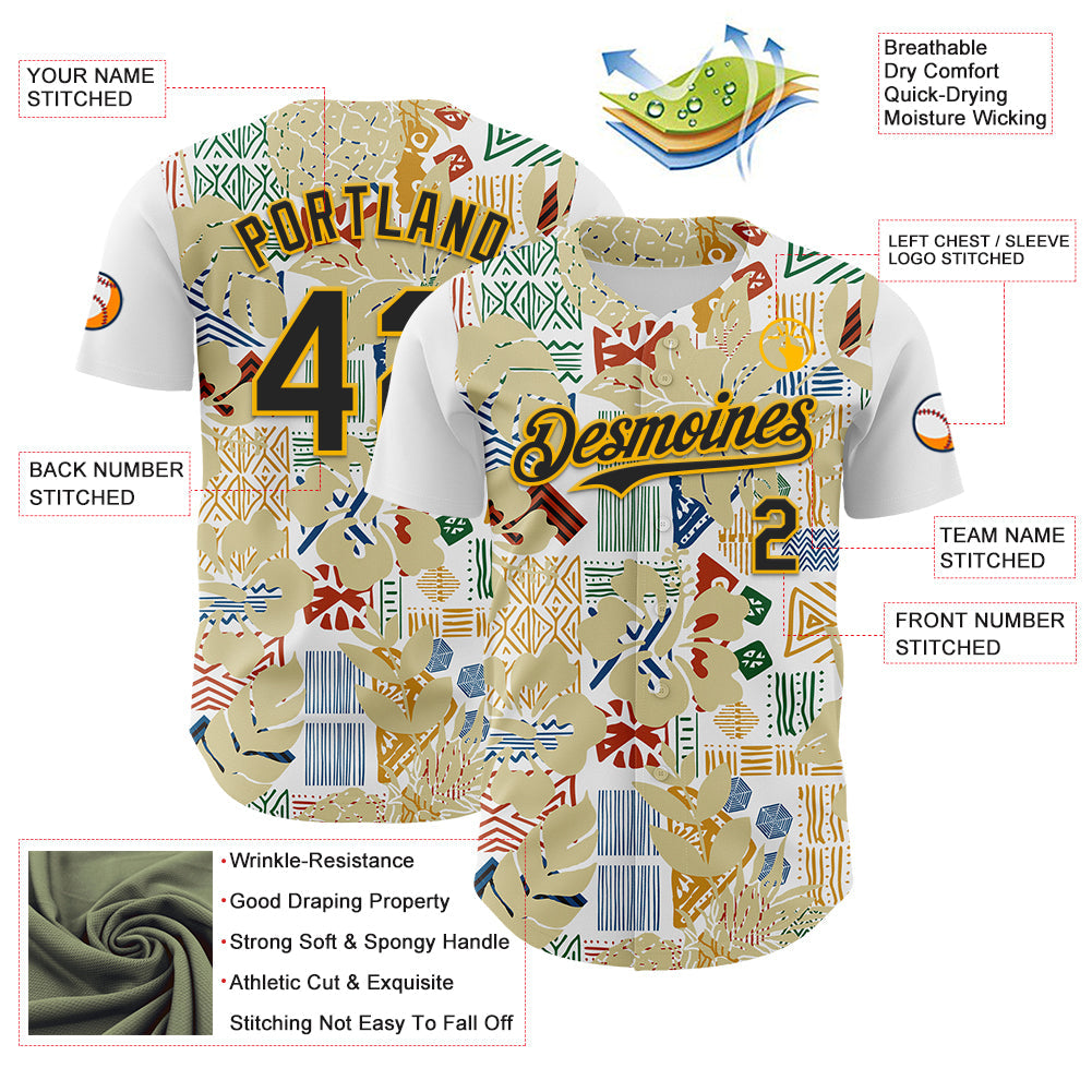 Custom White Black-Gold 3D Polynesian Style Palm Leaves Islander Authentic Baseball Jersey view 3