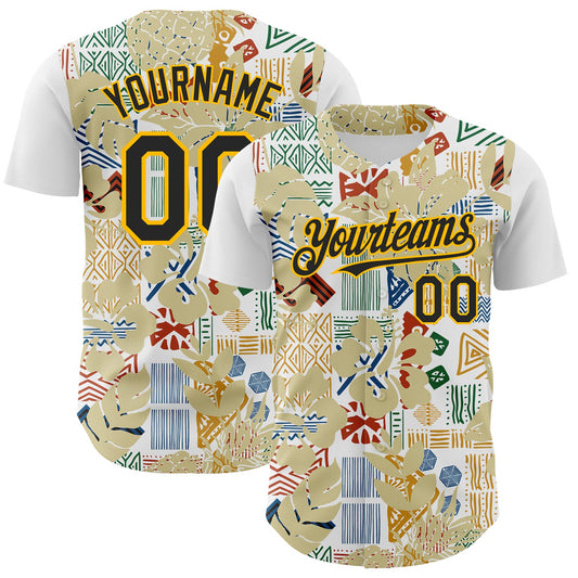 Custom White Black-Gold 3D Polynesian Style Palm Leaves Islander Authentic Baseball Jersey - Main View