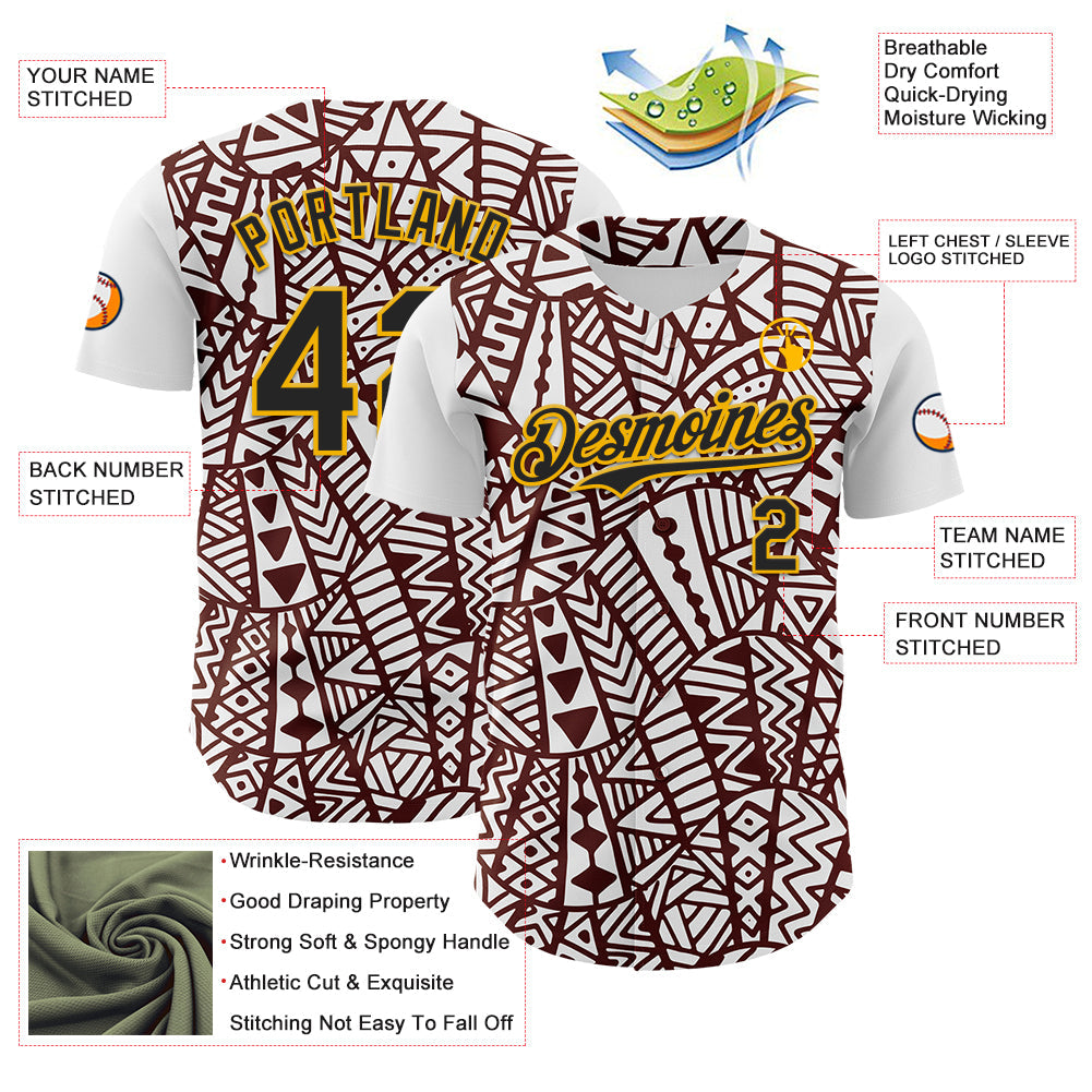 Custom White Black Brown-Gold 3D Polynesian Style Islander Authentic Baseball Jersey view 3