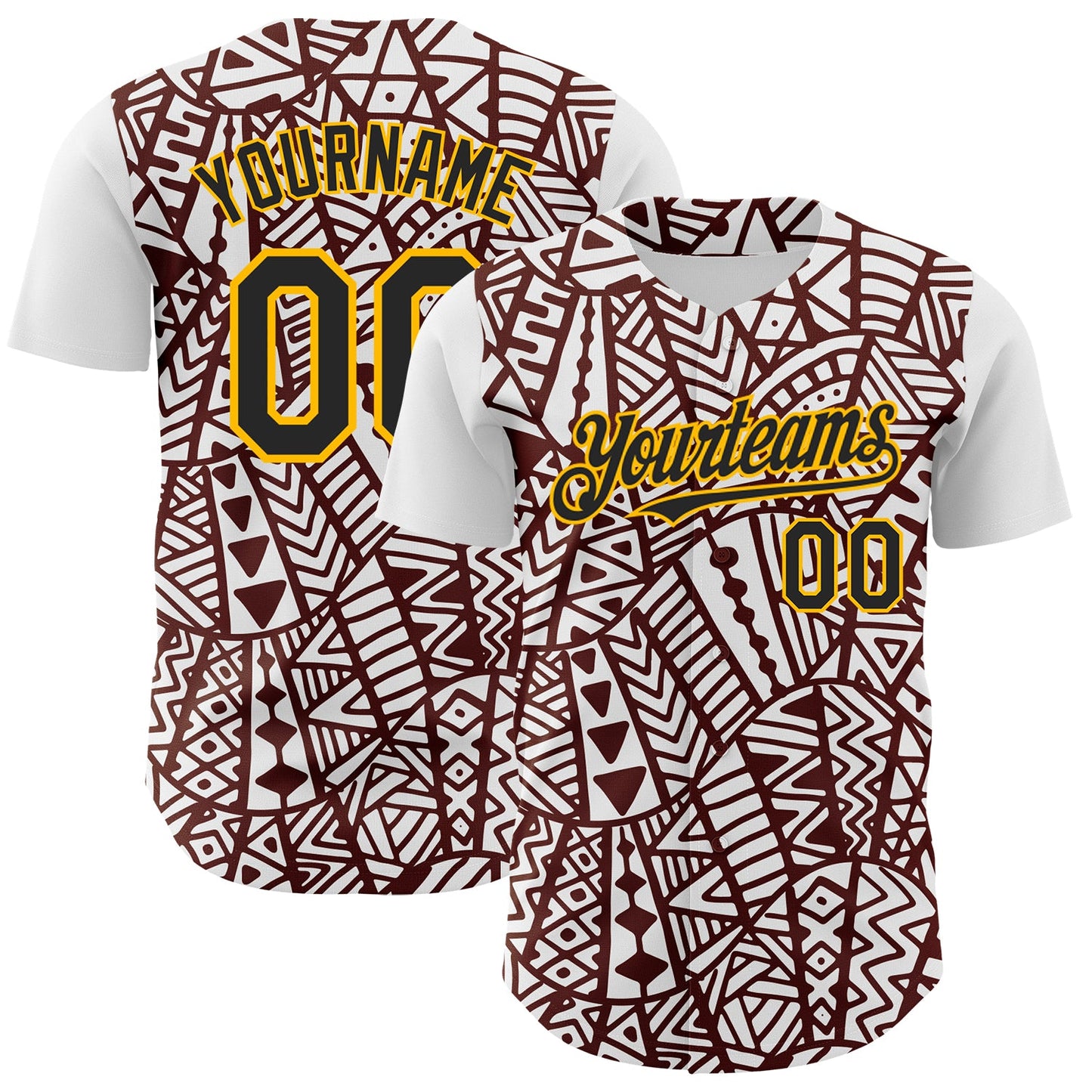 Custom White Black Brown-Gold 3D Polynesian Style Islander Authentic Baseball Jersey - Main View