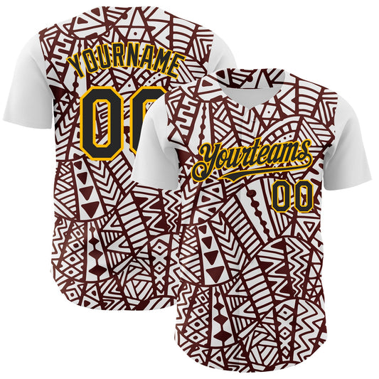 Custom White Black Brown-Gold 3D Polynesian Style Islander Authentic Baseball Jersey - Main View