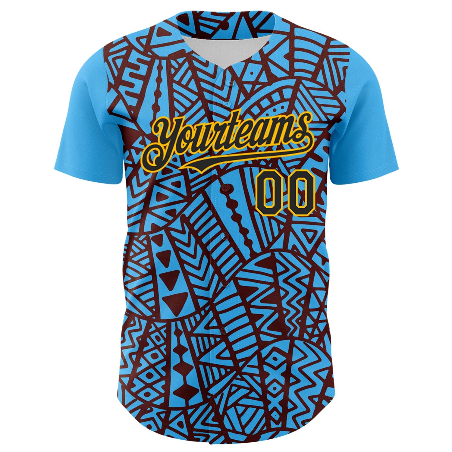 Custom Sky Blue Black Brown-Gold 3D Polynesian Style Islander Authentic Baseball Jersey view 2