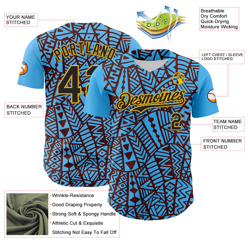 Custom Sky Blue Black Brown-Gold 3D Polynesian Style Islander Authentic Baseball Jersey view 3