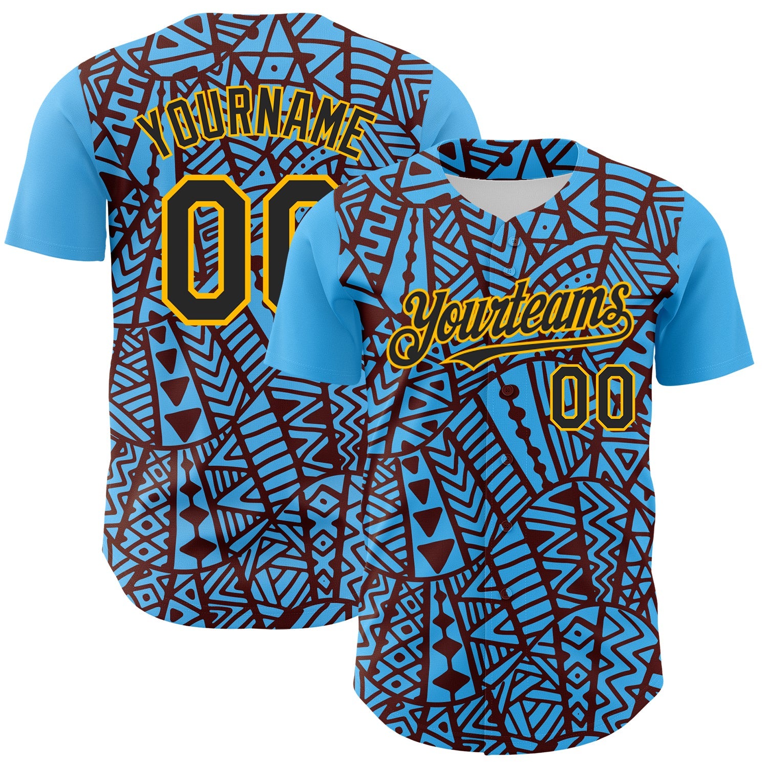 Custom Sky Blue Black Brown-Gold 3D Polynesian Style Islander Authentic Baseball Jersey - Main View
