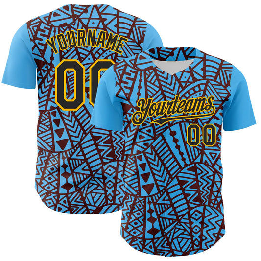 Custom Sky Blue Black Brown-Gold 3D Polynesian Style Islander Authentic Baseball Jersey - Main View