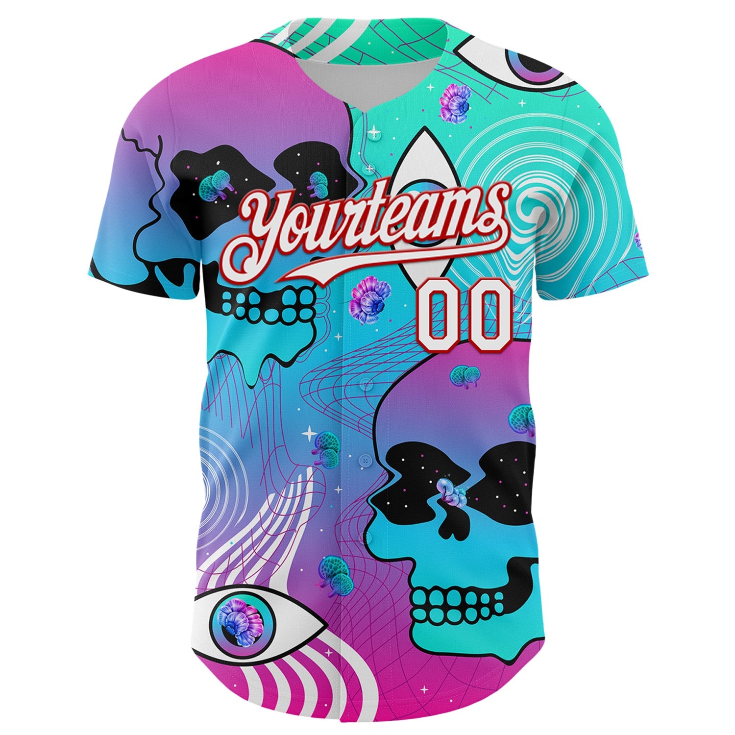 Custom Blue White-Red 3D Pattern Design Trippy Magic Mushrooms Skull Authentic Baseball Jersey view 2