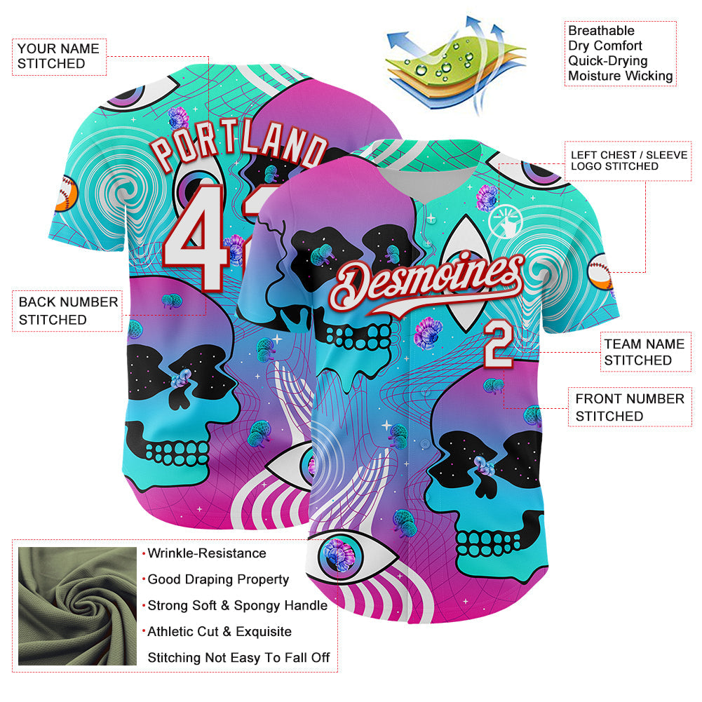 Custom Blue White-Red 3D Pattern Design Trippy Magic Mushrooms Skull Authentic Baseball Jersey view 3