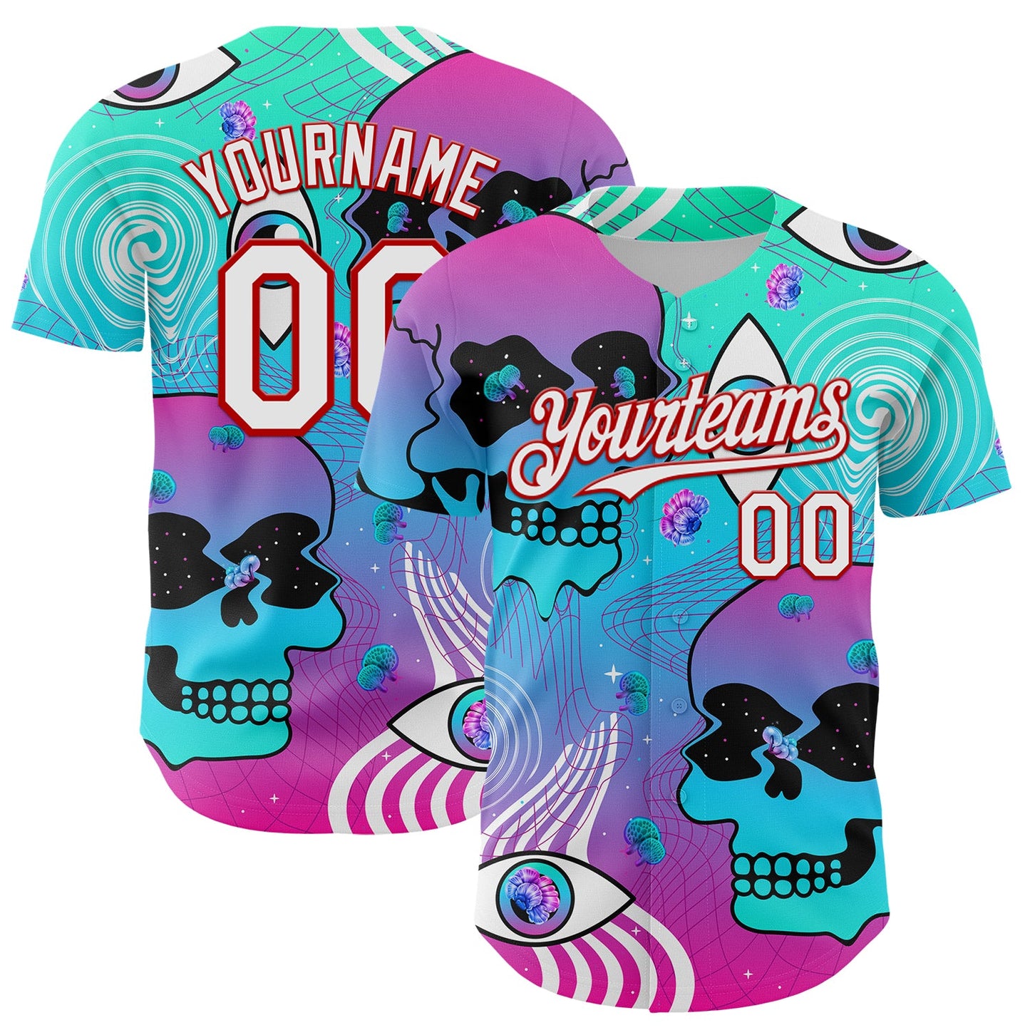 Custom Blue White-Red 3D Pattern Design Trippy Magic Mushrooms Skull Authentic Baseball Jersey - Main View