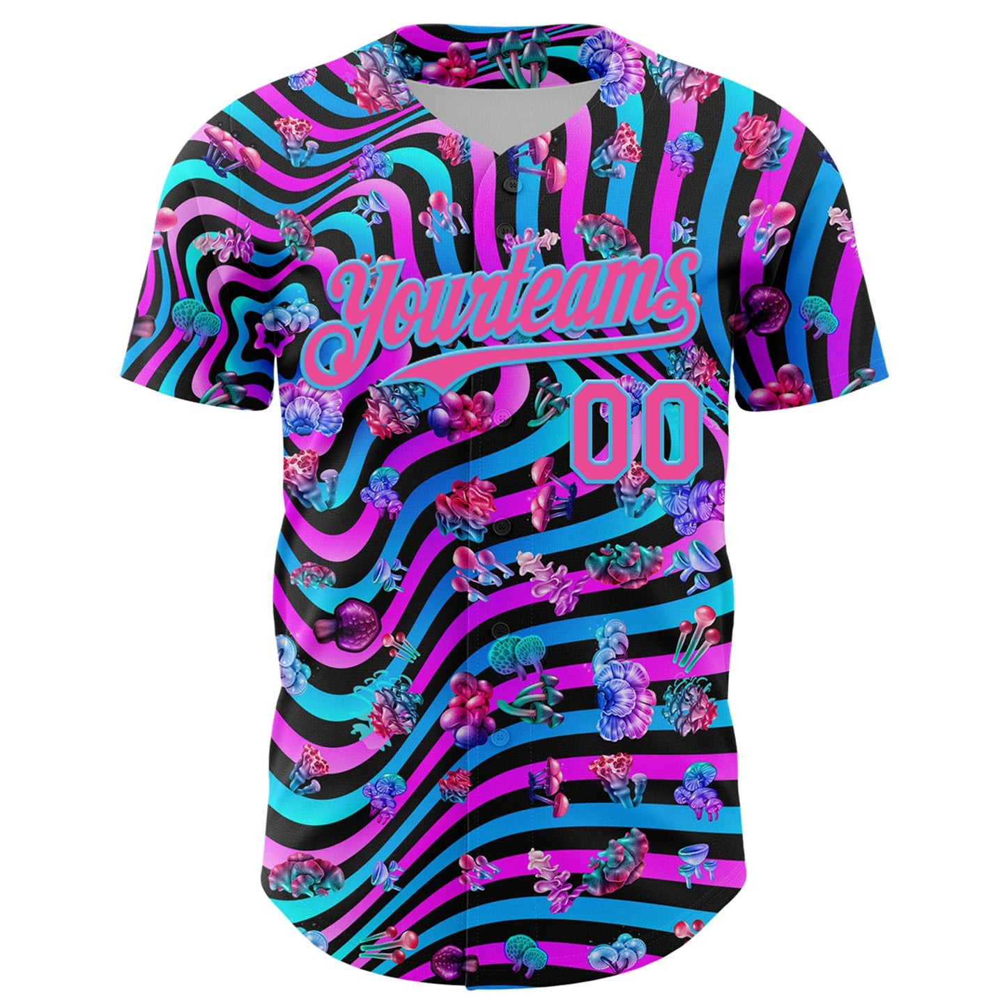 Custom Black Pink Purple-Sky Blue 3D Pattern Design Trippy Psychedelic Magic Mushrooms Authentic Baseball Jersey view 2