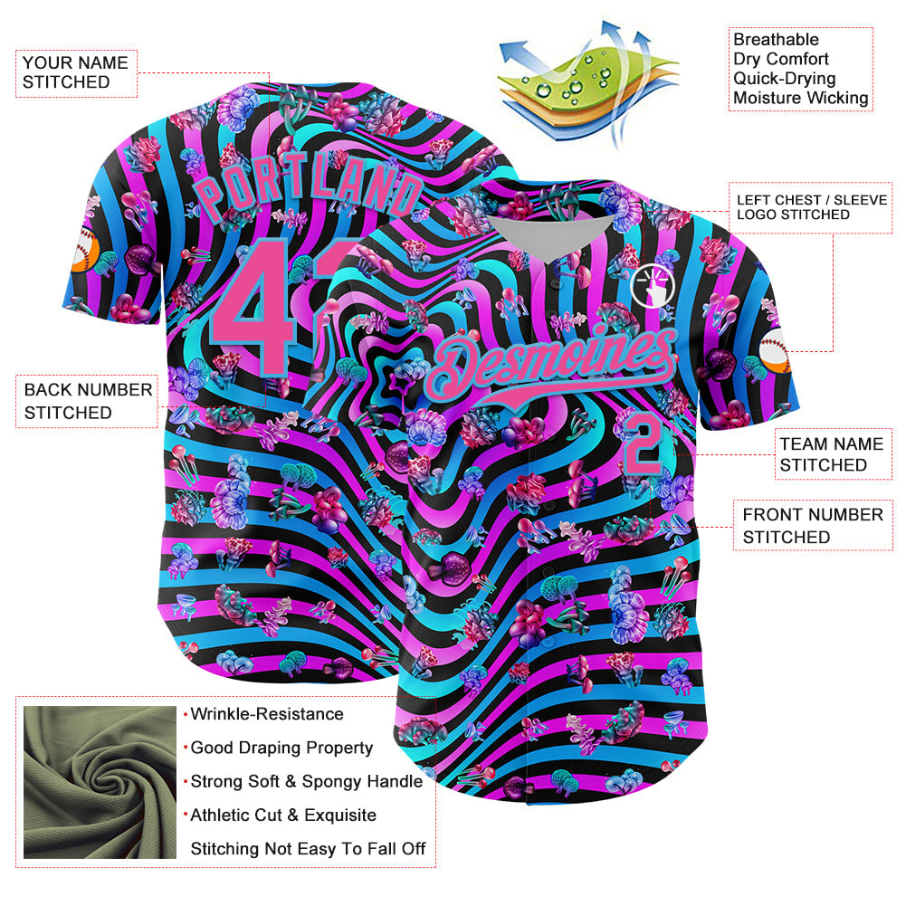 Custom Black Pink Purple-Sky Blue 3D Pattern Design Trippy Psychedelic Magic Mushrooms Authentic Baseball Jersey view 3