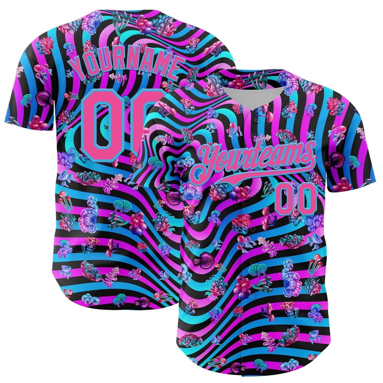 Custom Black Pink Purple-Sky Blue 3D Pattern Design Trippy Psychedelic Magic Mushrooms Authentic Baseball Jersey - Main View