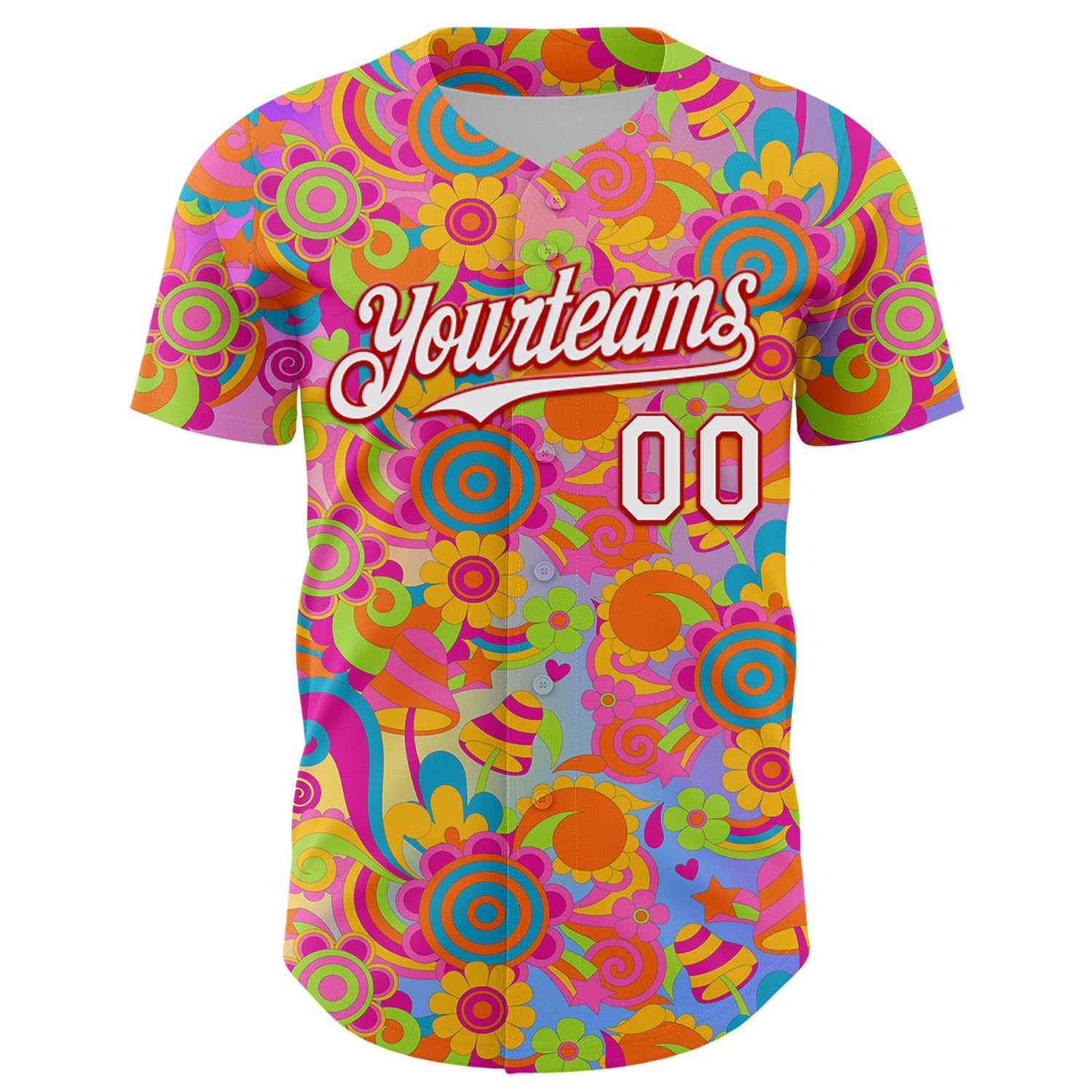 Custom Pink White-Red 3D Pattern Design Trippy Groovy Magic Mushrooms Authentic Baseball Jersey view 2